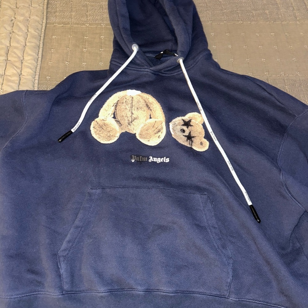 Authentic Palm Angels Navy Blue Spray Bear Hoodie Size L
